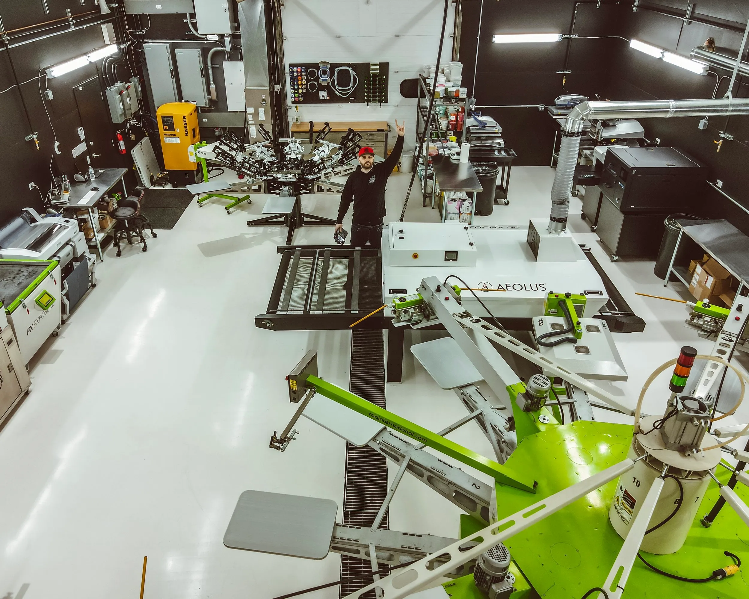 Overhead view of Rogue Lab shop 2.0 with Lee Stuart on the floor